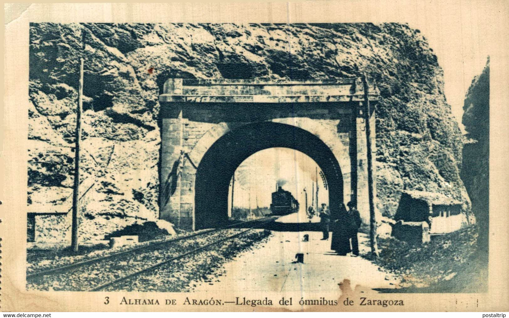 ZARAGOZA - ALHAMA DE ARAGÓN - LLEGADA DEL OMNIBUS - SOBRINO DE G. MAÑAS  ZARAGOZA ESPAÑA ETA VE SCAN - Estaciones Con Trenes