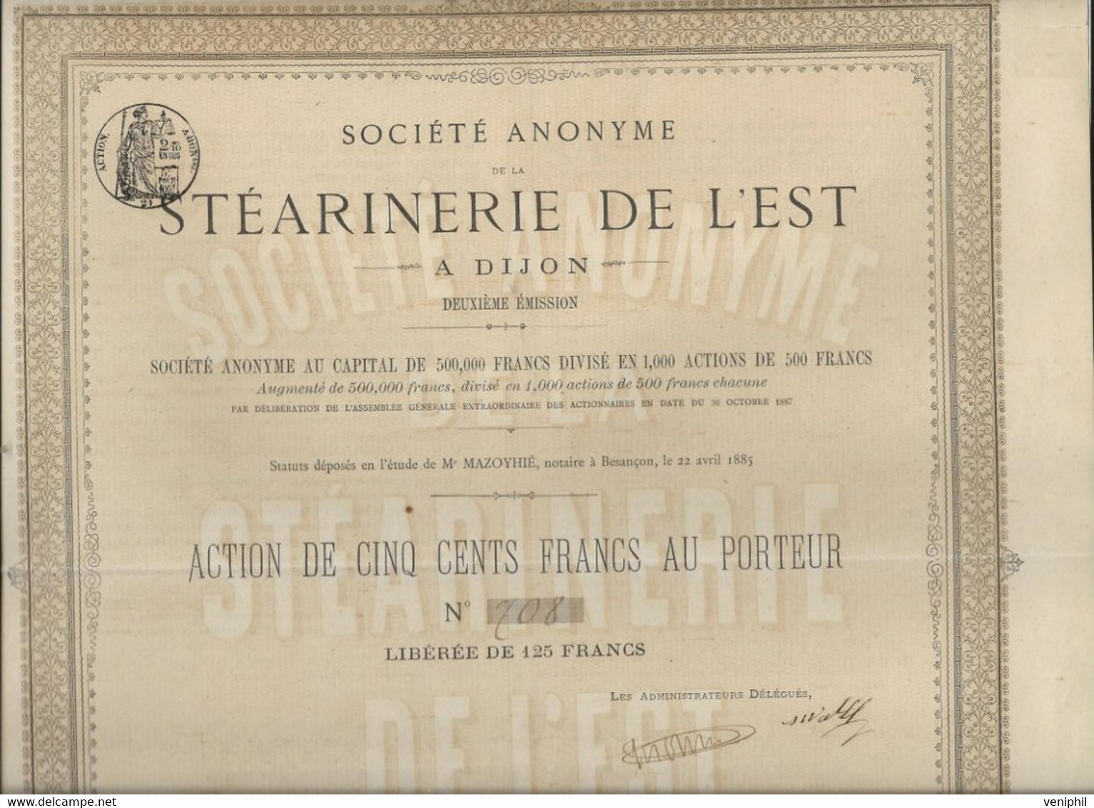 STEARINERIE DE L'EST A DIJON - ACTION DE 500 FRS -DIVISE EN 1000 ACTIONS - ANNEE 1888 - Industrial