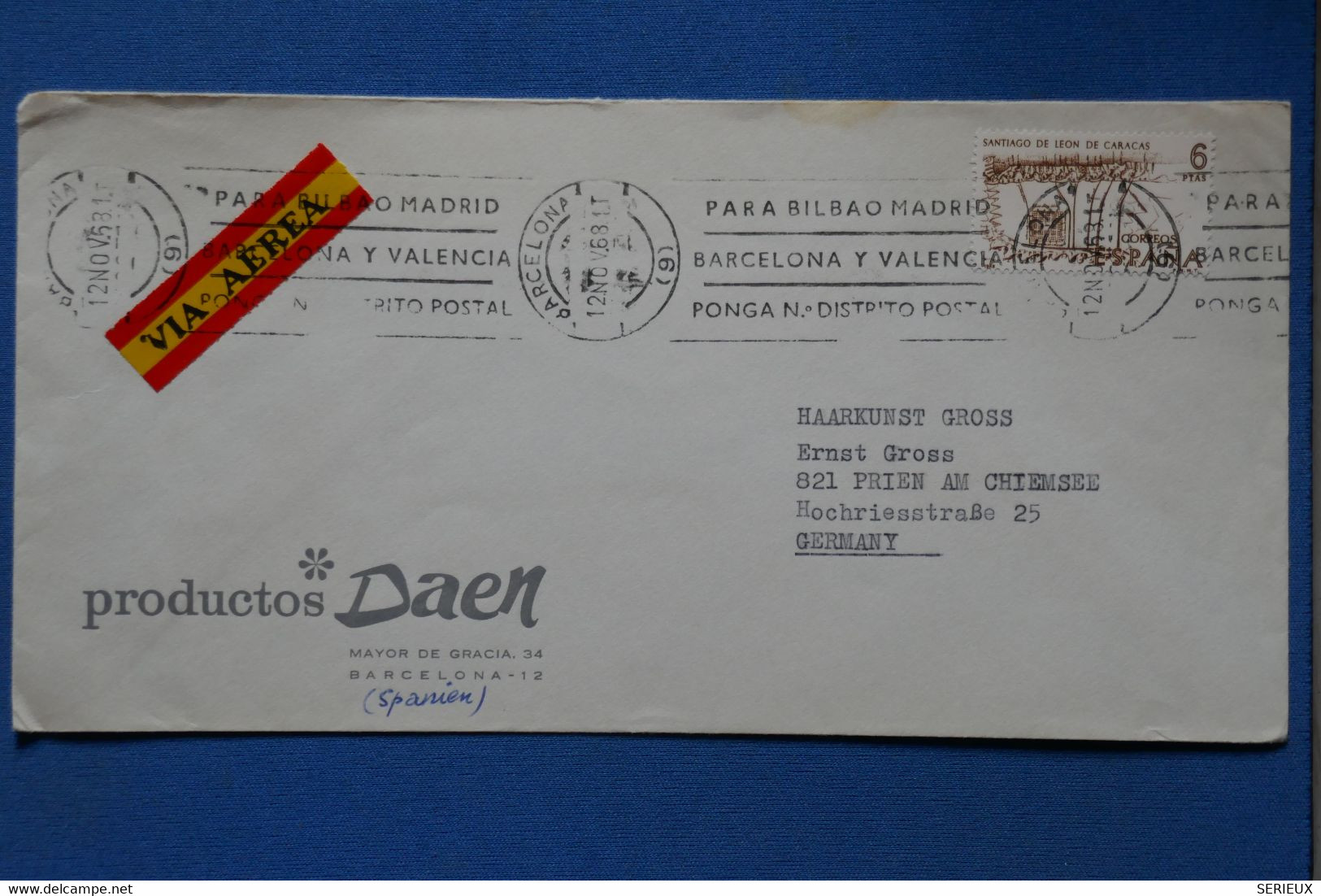 AD14 ESPAGNE   BELLE LETTRE  1968 BARCELONA POUR PRIEN  GERMANY    + AFFRANCH.  PLAISANT - Brieven En Documenten