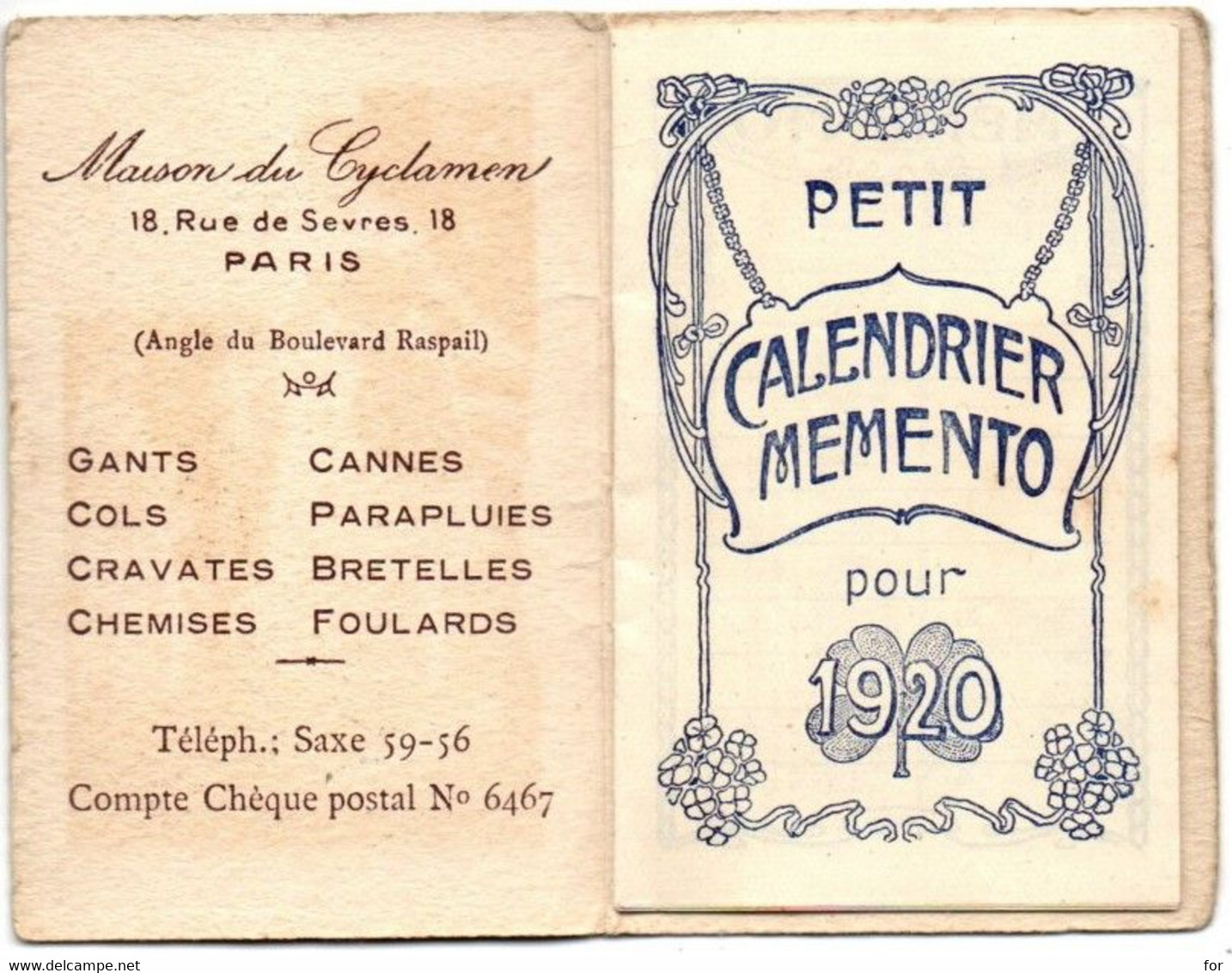 Calendrier : Petit Format : 1920 : Maison Du Cyclamen - Paris : Albert ROCHON : Trousseaux Pour Hommes - Gants - Cols - Small : 1901-20