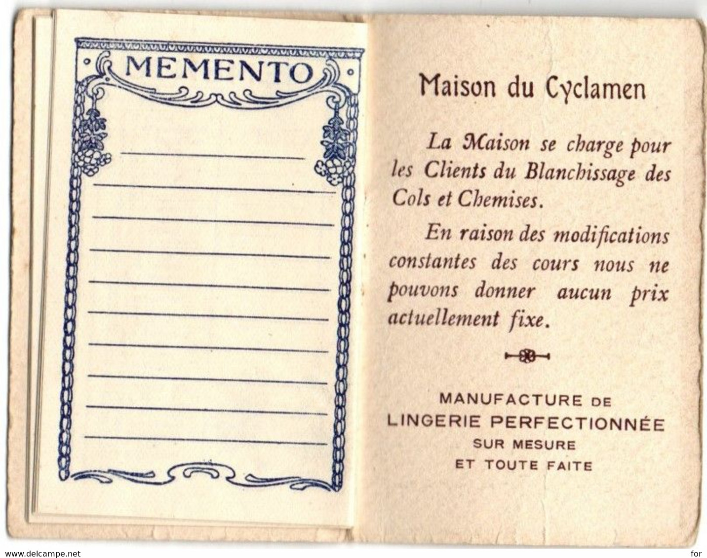 Calendrier : Petit Format : 1920 : Maison Du Cyclamen - Paris : Albert ROCHON : Trousseaux Pour Hommes - Gants - Cols - Small : 1901-20