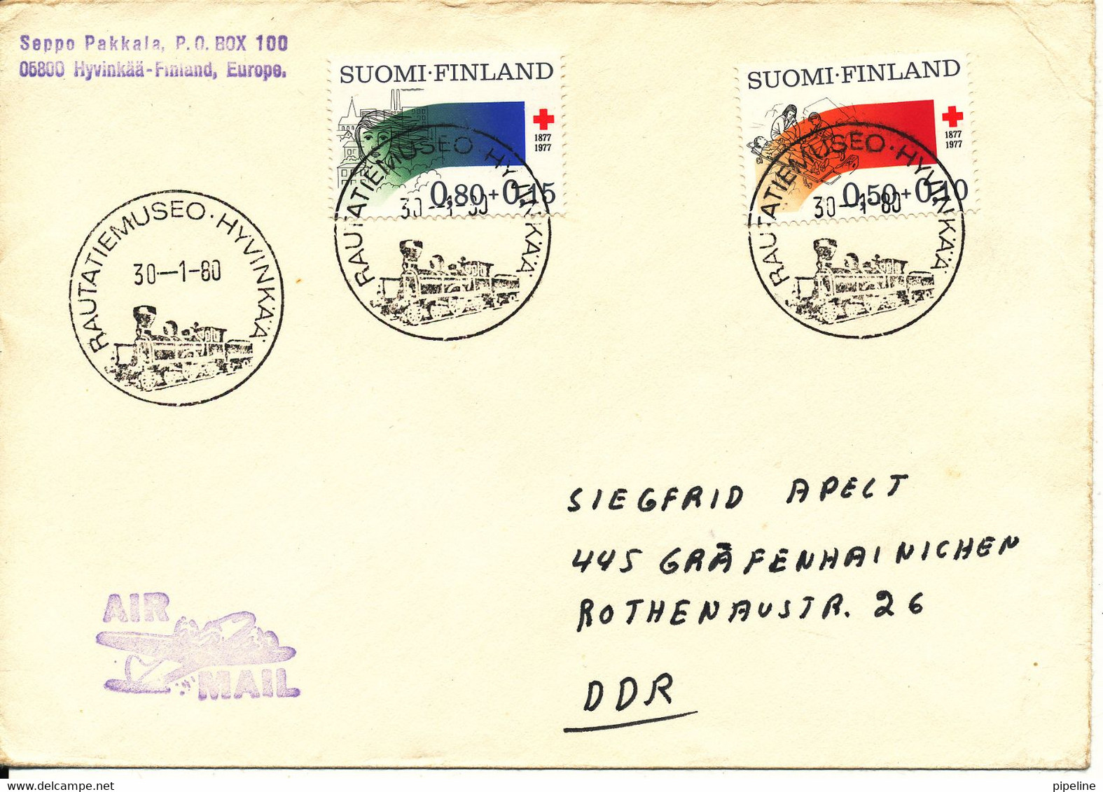 Finland Cover Special Postmark Rautatiemuseo Hyvinkaa 30-1-1980 Red Cross Stamps Locomotive In The Postmark - Brieven En Documenten