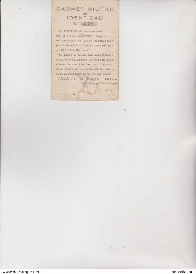 DOCUMENTO  :  CARNET  MILITAR  DE  IDENTIDAD -  EJERCITO  NACIONAL  1938 - Historical Documents