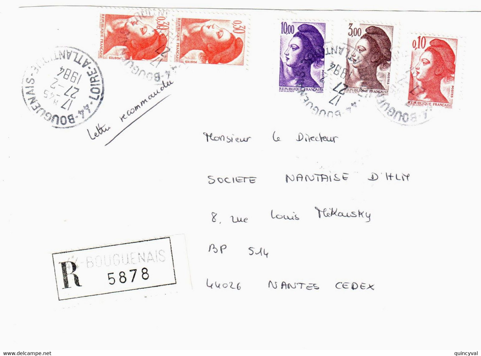 BOURGUENAIS Loire Atlantique Lettre Recommandée Liberté Yv  2179 2182 2243 2276 Ob 27 2 1984 - 1982-1990 Vrijheid Van Gandon