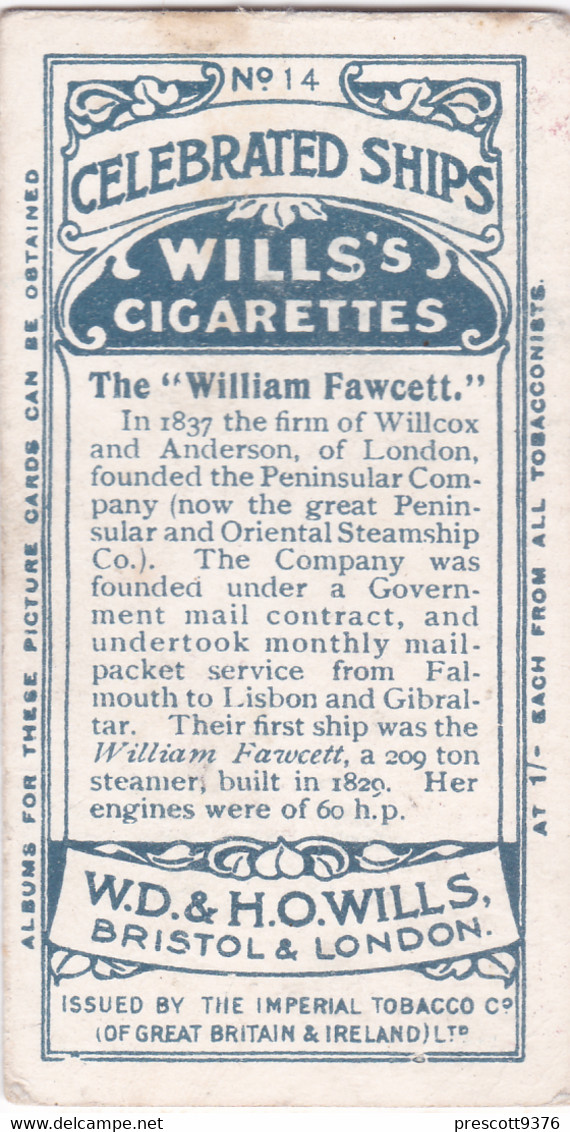 Celebrated Ships 1911 - Wills Cigarette Card - Celebrated Ships -  14 William Fawcett - First P&O Ship - Wills