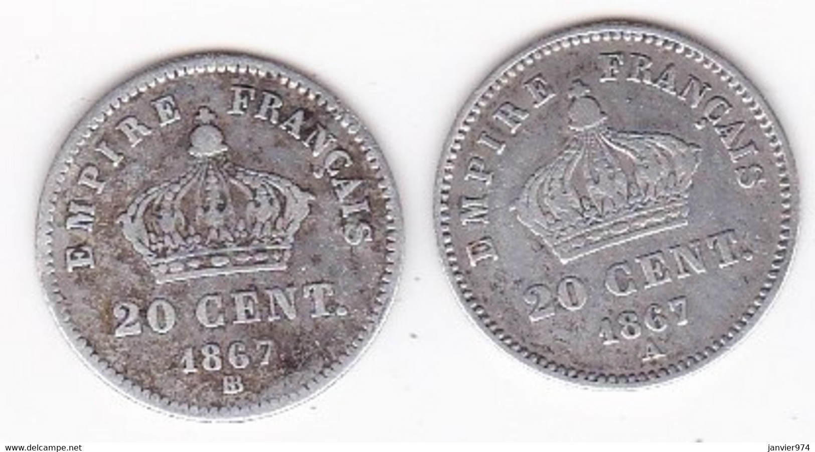 20 Centimes 1867 A Paris Et 1867 BB Strasbourg. Napoléon III, En Argent. 2 Pièces - 20 Centimes
