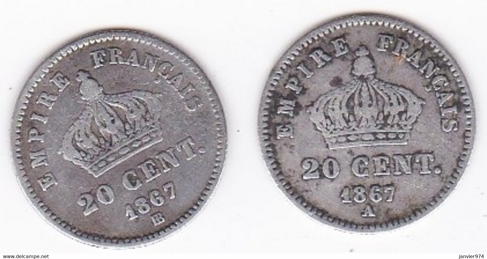 20 Centimes 1867 A Paris Et 1867 BB Strasbourg. Napoléon III, En Argent. 2 Pièces - 20 Centimes