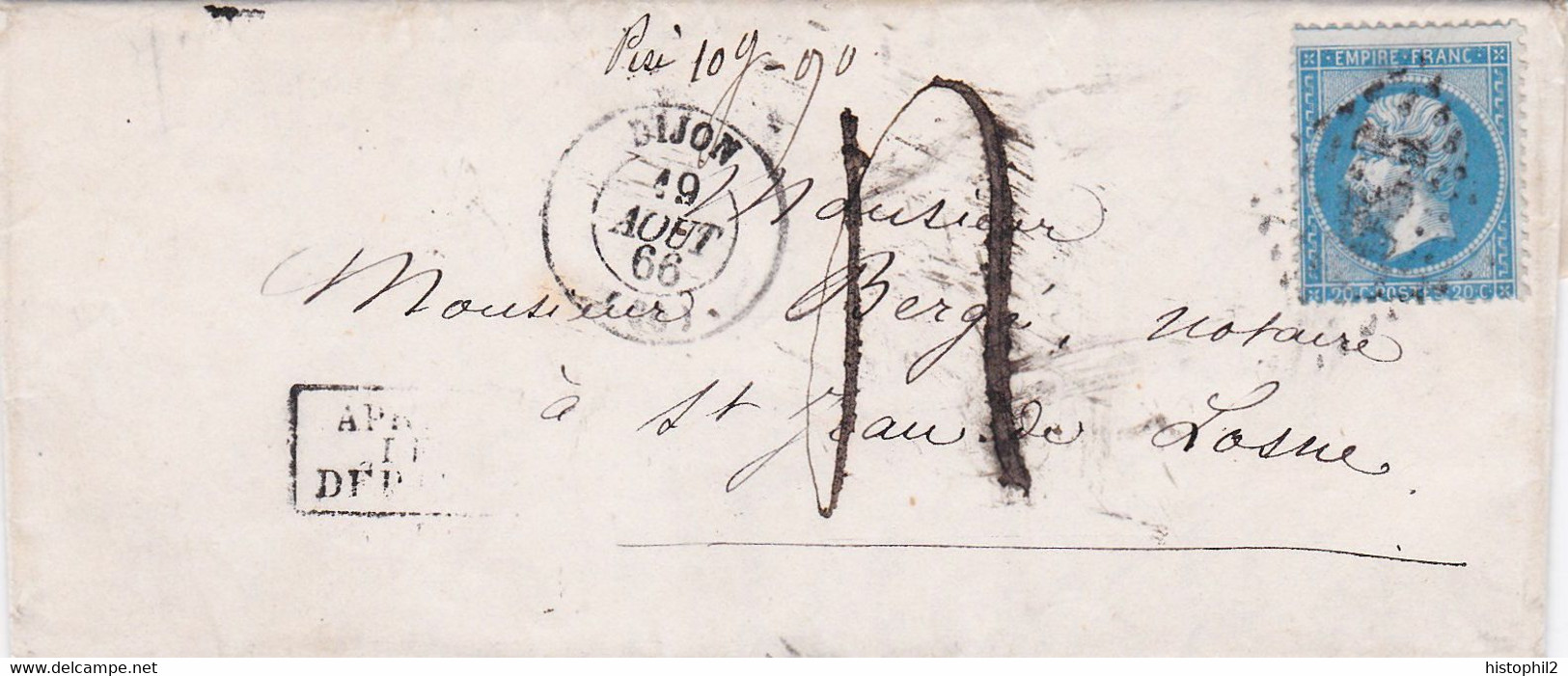 LAC Dijon 19 Août 1866 Après Le Départ Sur 20c Empire Dentelé Mention 'Pesé 10g90' Justifiant Une Taxe De 4 Décimes - 1849-1876: Klassieke Periode