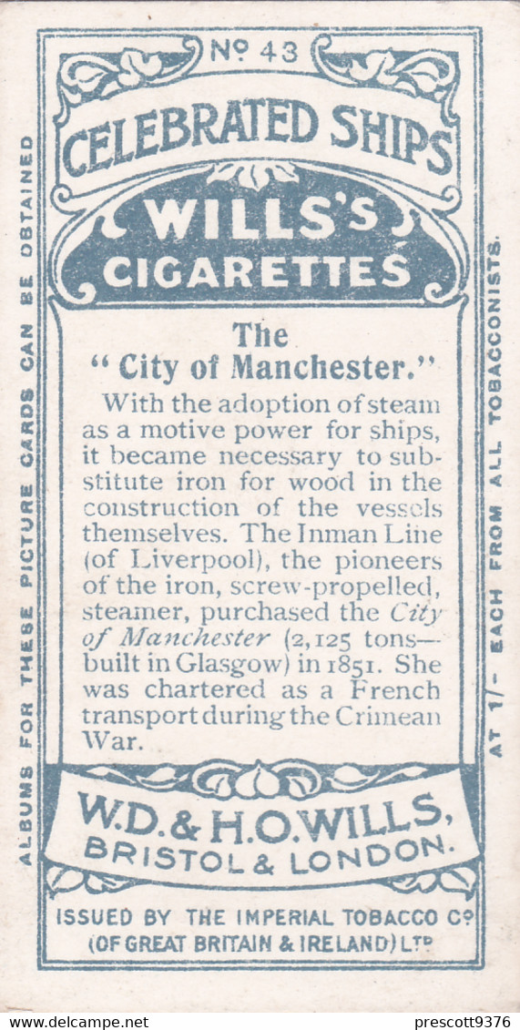 Celebrated Ships 1911 - Wills Cigarette Card - Celebrated Ships -  43 City Of Manchester - Wills