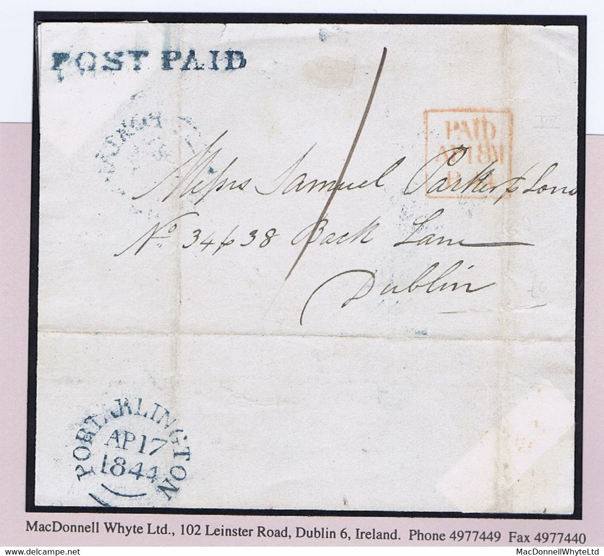 Ireland Laois 1844 Unframed POST PAID Of Portarlington In Blue On Front And Part Back To Dublin Paid "1" - Vorphilatelie