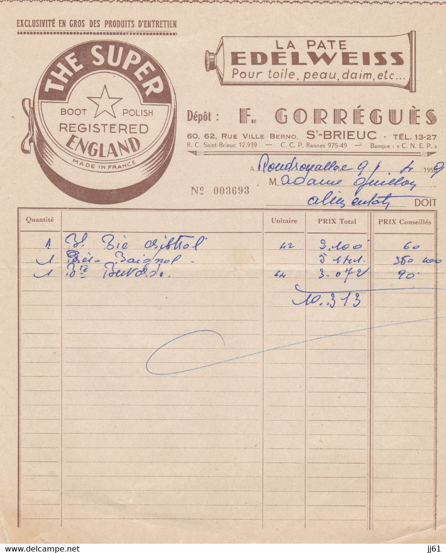 SAINT BRIEUC F GORREGUES THE SUPER BOOT POLISH REGISTERED ENGLAND PATE EDELWEISS ANNEE 1959 - Otros & Sin Clasificación