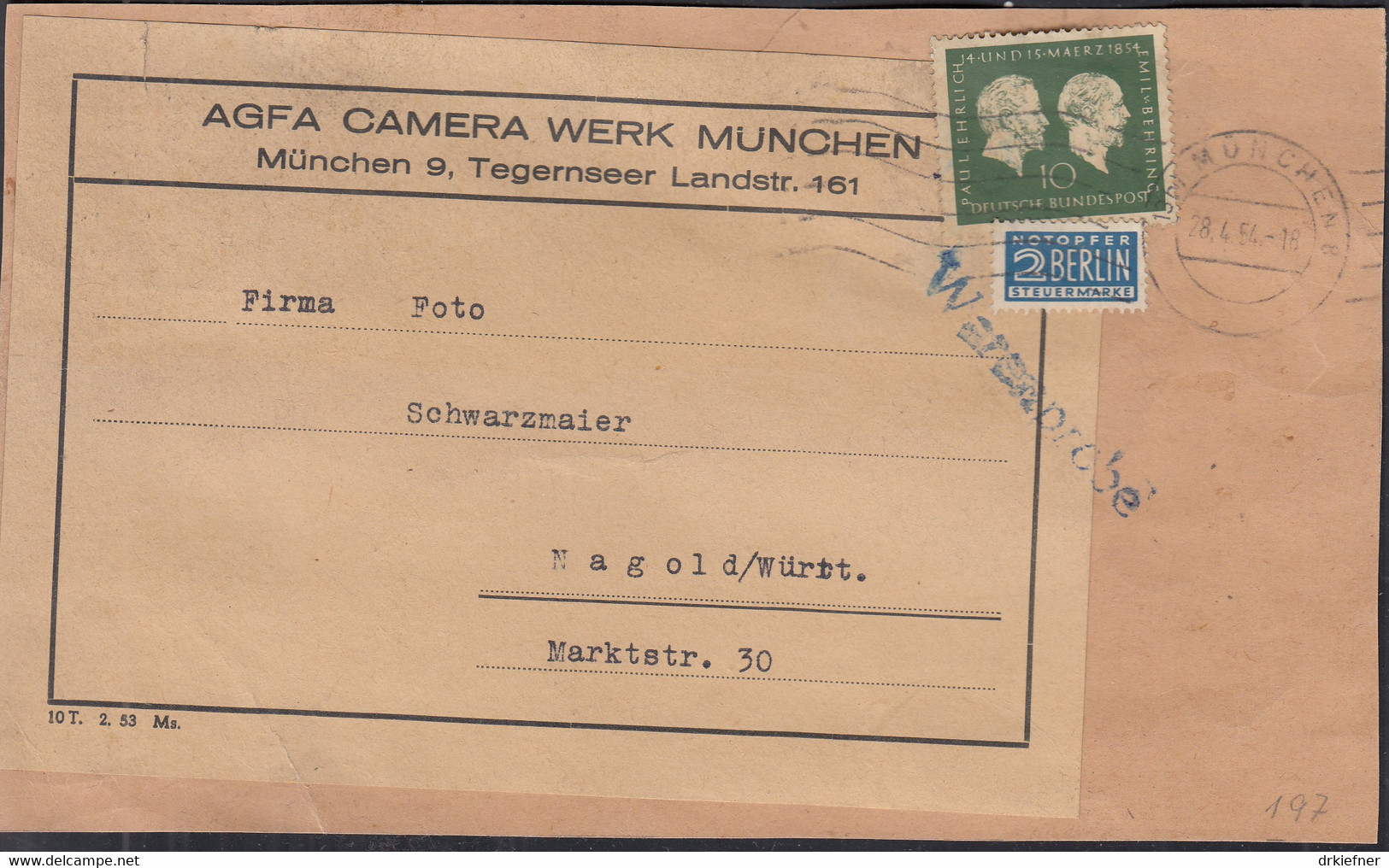 BRD 197 EF, Warenprobe Der Fa. AGFA, Auf Briefstück Mit Stempel: München 28.4.54 - Briefe U. Dokumente