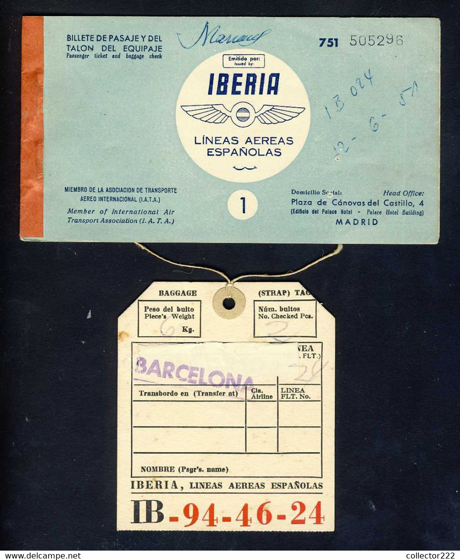 Billet D'avion Et Etiquette De Valise Vol Palma De Mallorca - Barcelona. 1951 (Ref. 114031) - Europa