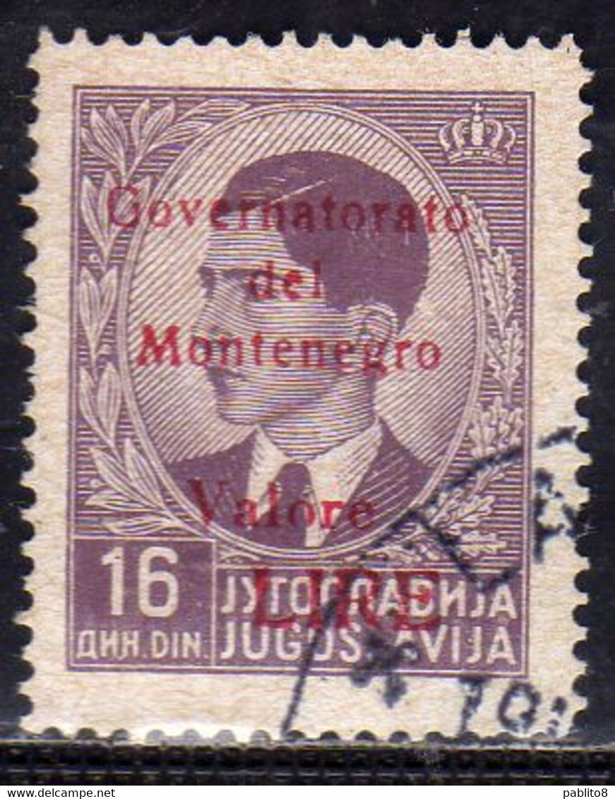 MONTENEGRO 1942 GOVERNATORATO RED OVERPRINTED SOPRASTAMPA ROSSA LIRE 16 D USATO USED OBLITERE' - Montenegro