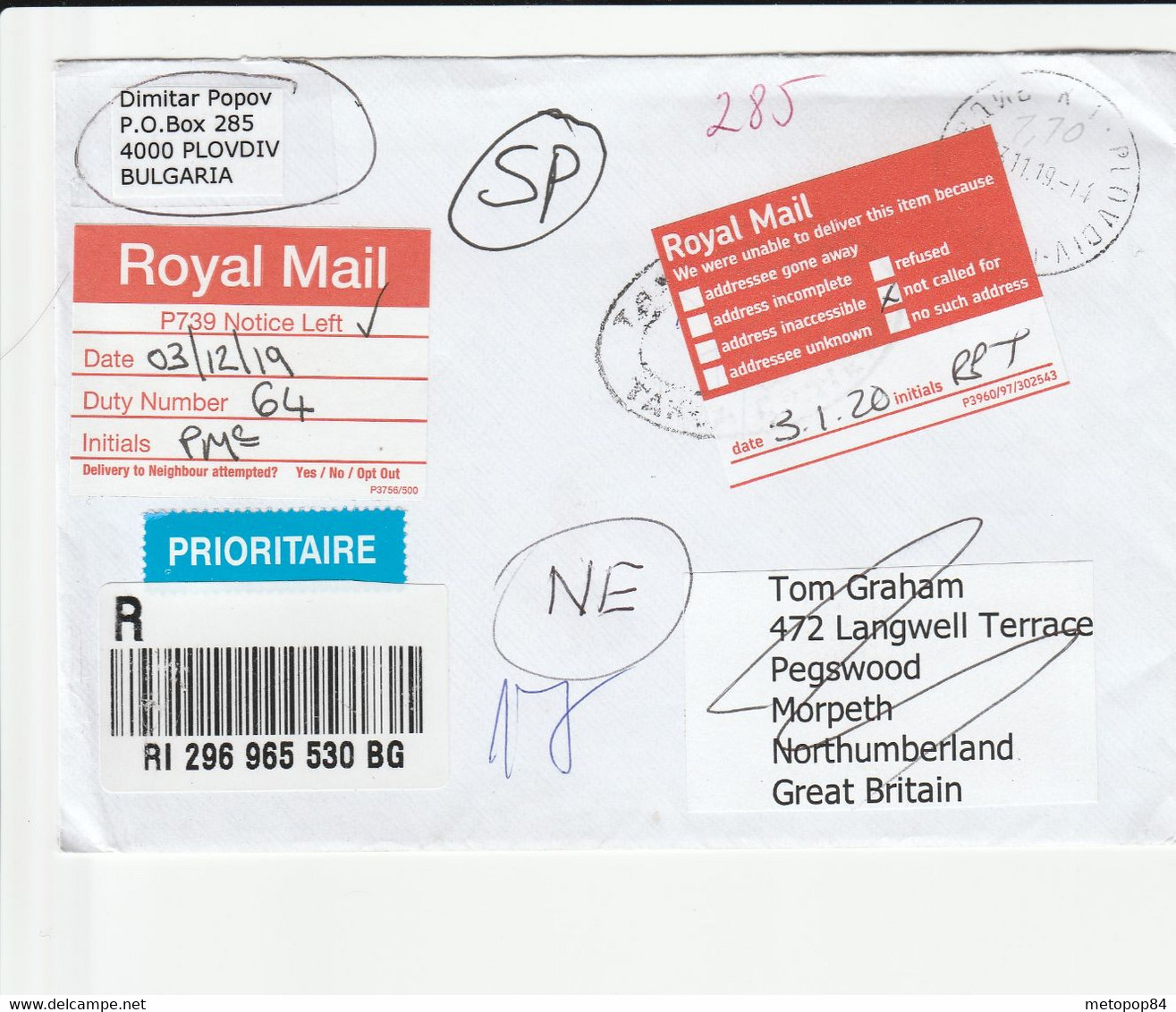 Bulgaria 2019 Registered Letter To GB Returned - Storia Postale