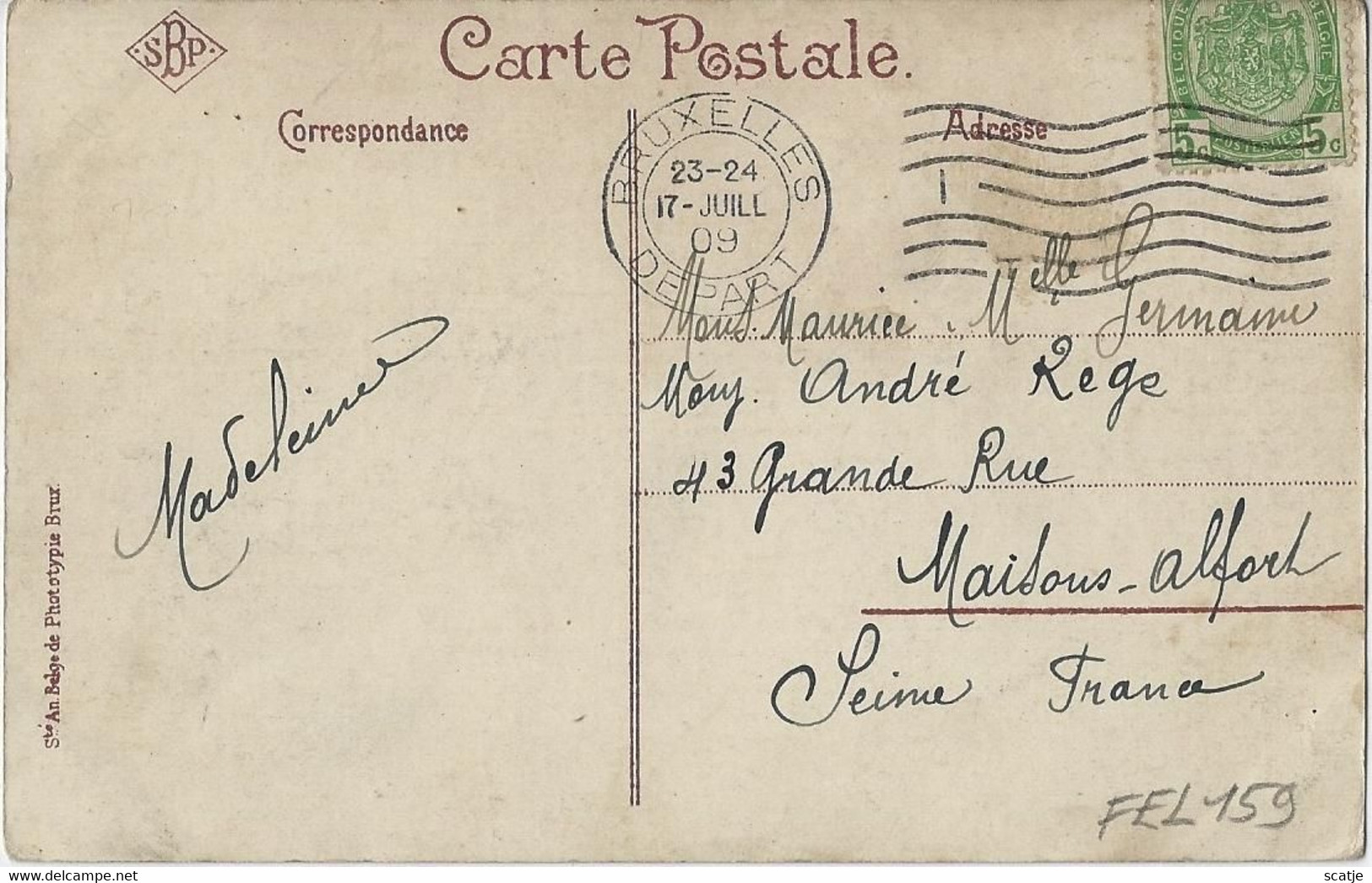 SBP  -   Bruxelles   -   Le Canal à L'Allée Verte.   -   PRACHTIGE GEKLEURDE KAART!   1909   Naar   Maisons-Alfort - Maritiem