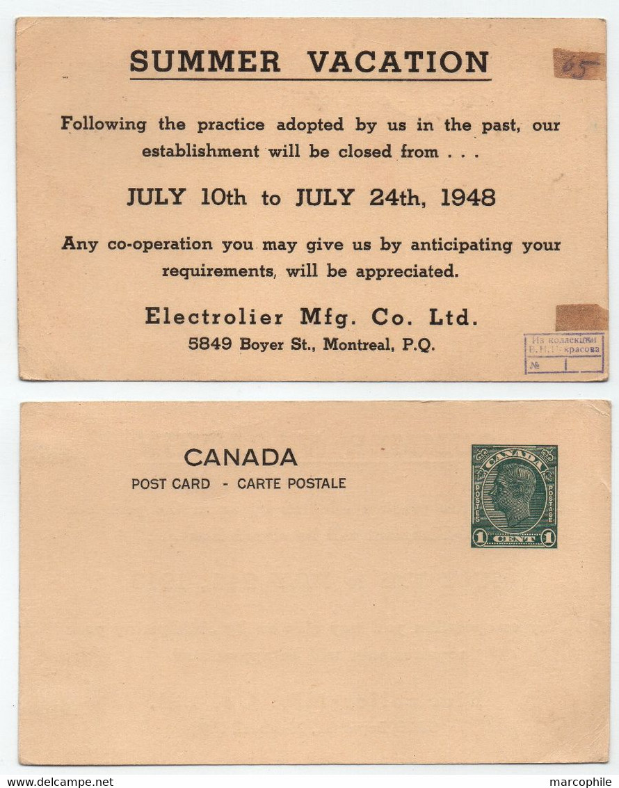 CANADA - MONTREAL / 1948 ENTIER POSTAL PRIVE - ELECTROLIER MFG Ltd (ref LE4585) - 1903-1954 Rois
