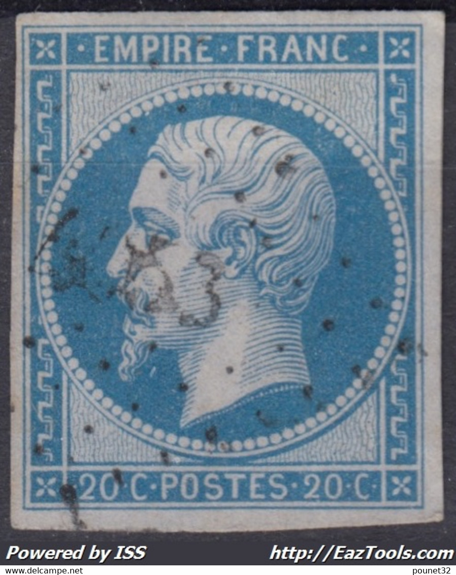 FRANCE CLASSIQUE : EMPIRE N° 14 RARE OBLITERATION PC 4053 PLEMET COTES DU NORD - 1853-1860 Napoléon III.