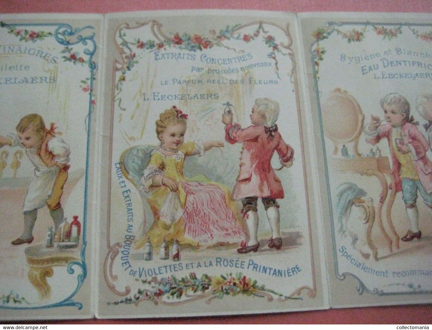 1889 Eeckelaers CHERUB Powder Talcum Baby Perfume TRIPLE Litho Card Excellent Parfumerie Savonne Extraits 3-vouwer - Antiguas (hasta 1960)