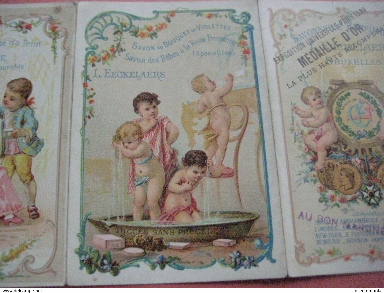 1889 Eeckelaers CHERUB Powder Talcum Baby perfume TRIPLE litho card Excellent parfumerie Savonne Extraits 3-vouwer