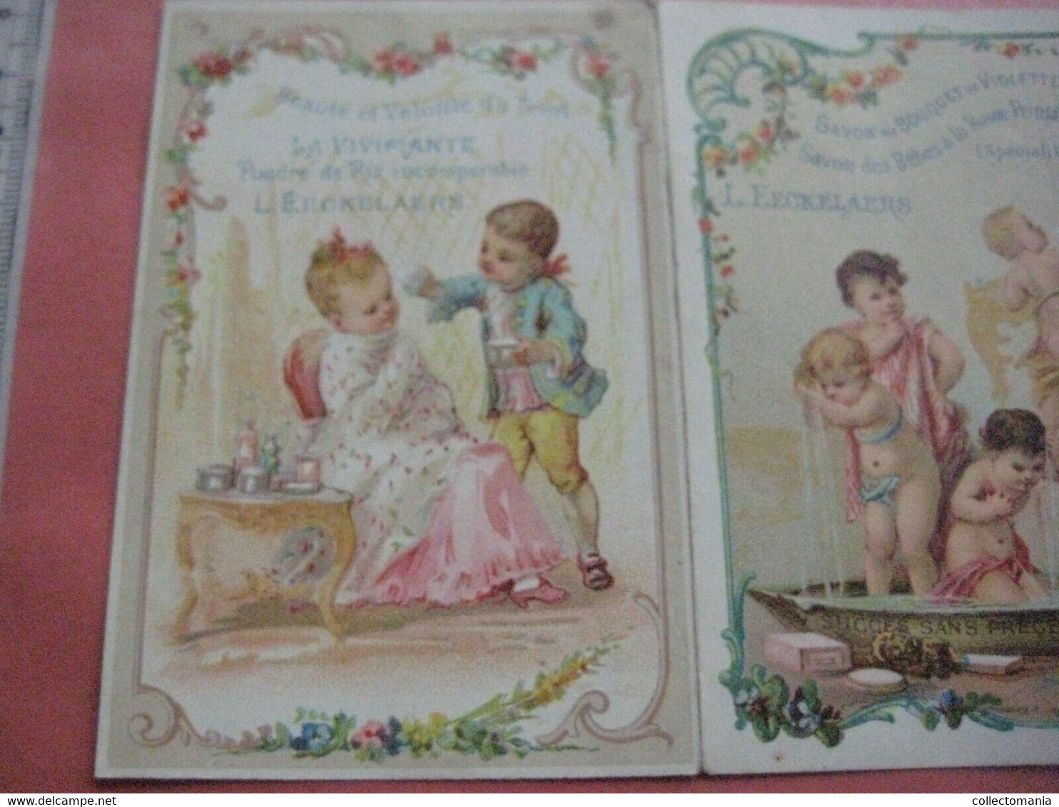 1889 Eeckelaers CHERUB Powder Talcum Baby perfume TRIPLE litho card Excellent parfumerie Savonne Extraits 3-vouwer