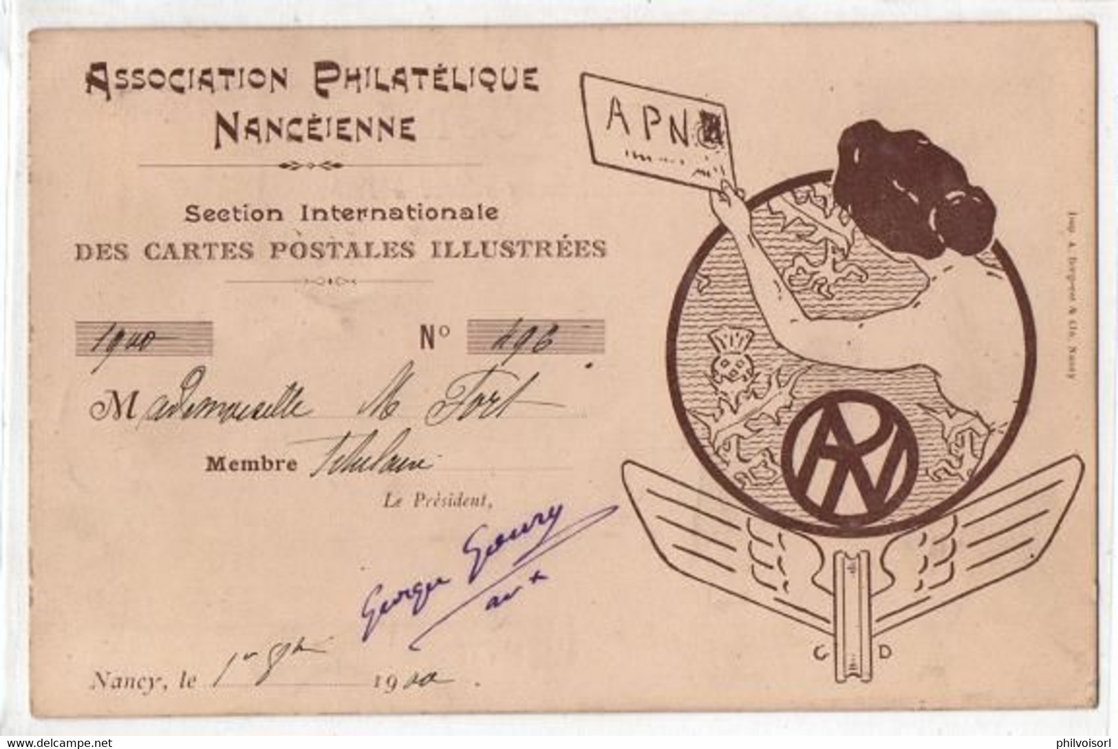 ASSOCIATION IPHILATELIQUE NANCEIENN DU 01/08/1900 CARTE COULEUR - Collezioni