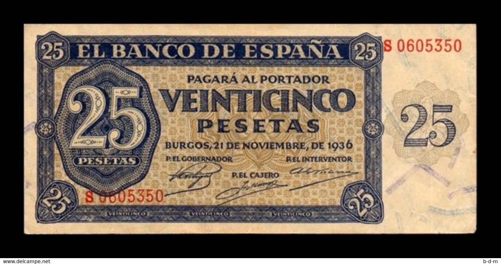 España Spain 25 Pesetas Burgos 1936 Pick 99 Serie S T.350 MBC/EBC VF/XF - 25 Peseten