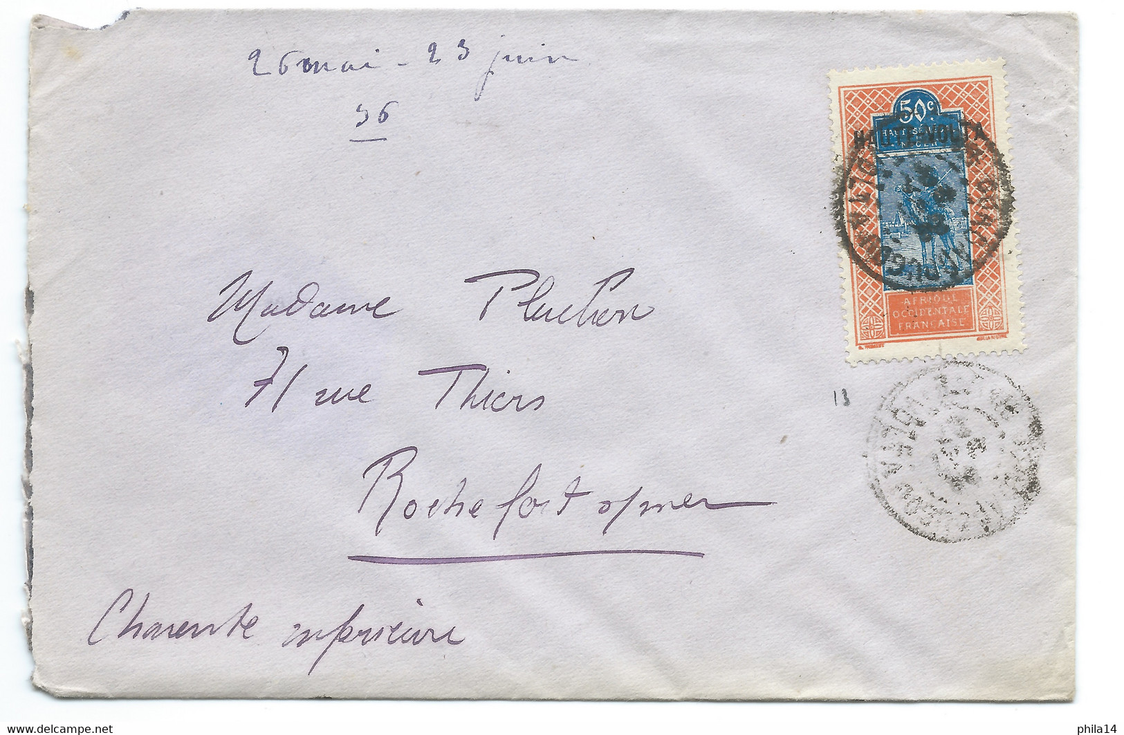 SP COVER ENVELOPPE AOF SURCHARGE HAUTE VOLTA  / OUAGADOUGOU 1927 POUR ROCHEFORT SUR MER FRANCE - Storia Postale