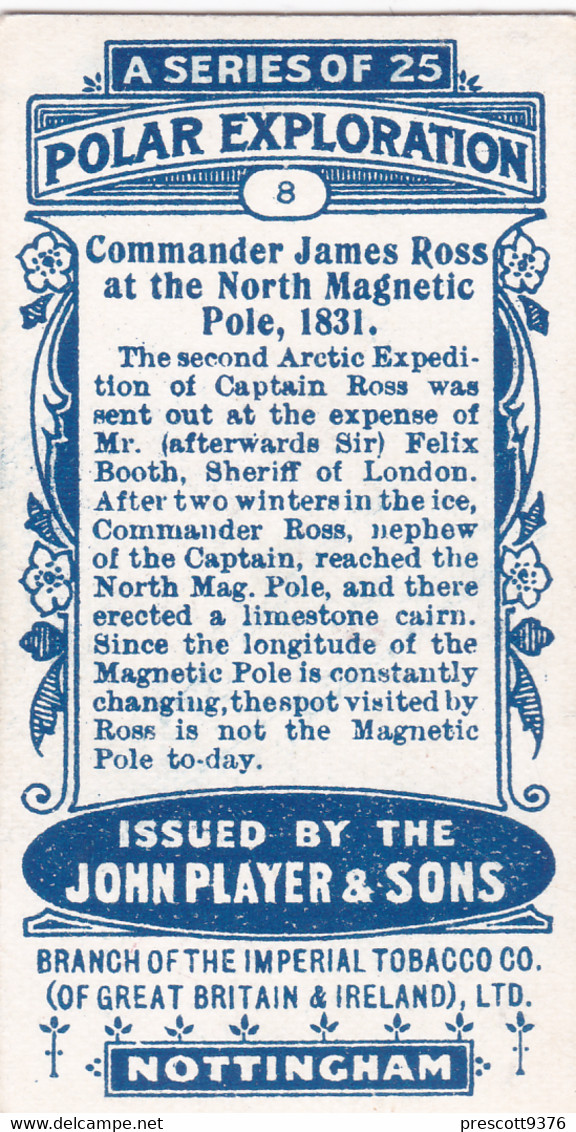 8 Cdr James Ross N Pole 1831 -  Polar Exploration 1915 - Players Cigarette Card - Arctic - Antique - Wills