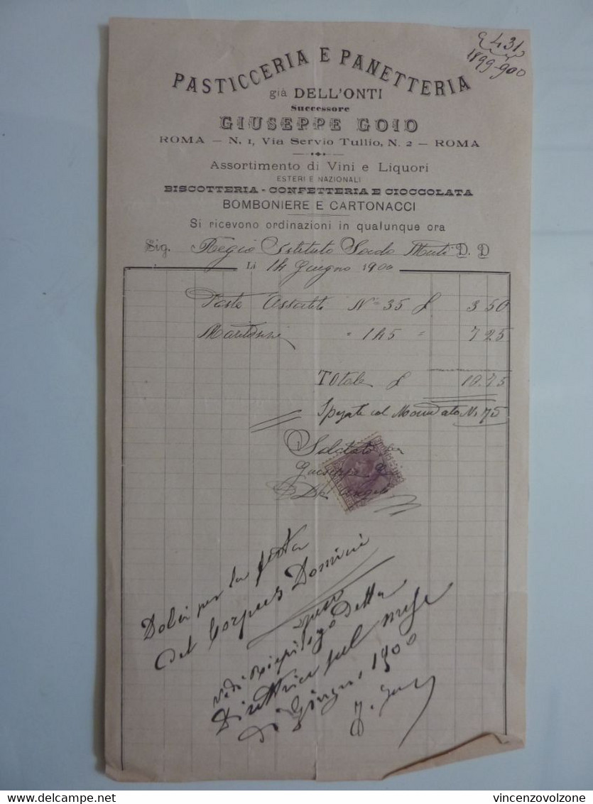 Fattura "PASTICCERIA E PANETTERIA GIUSEPPE GOIO Biscotteria - Confetteria E Cioccolata ROMA" 1900 - Italia