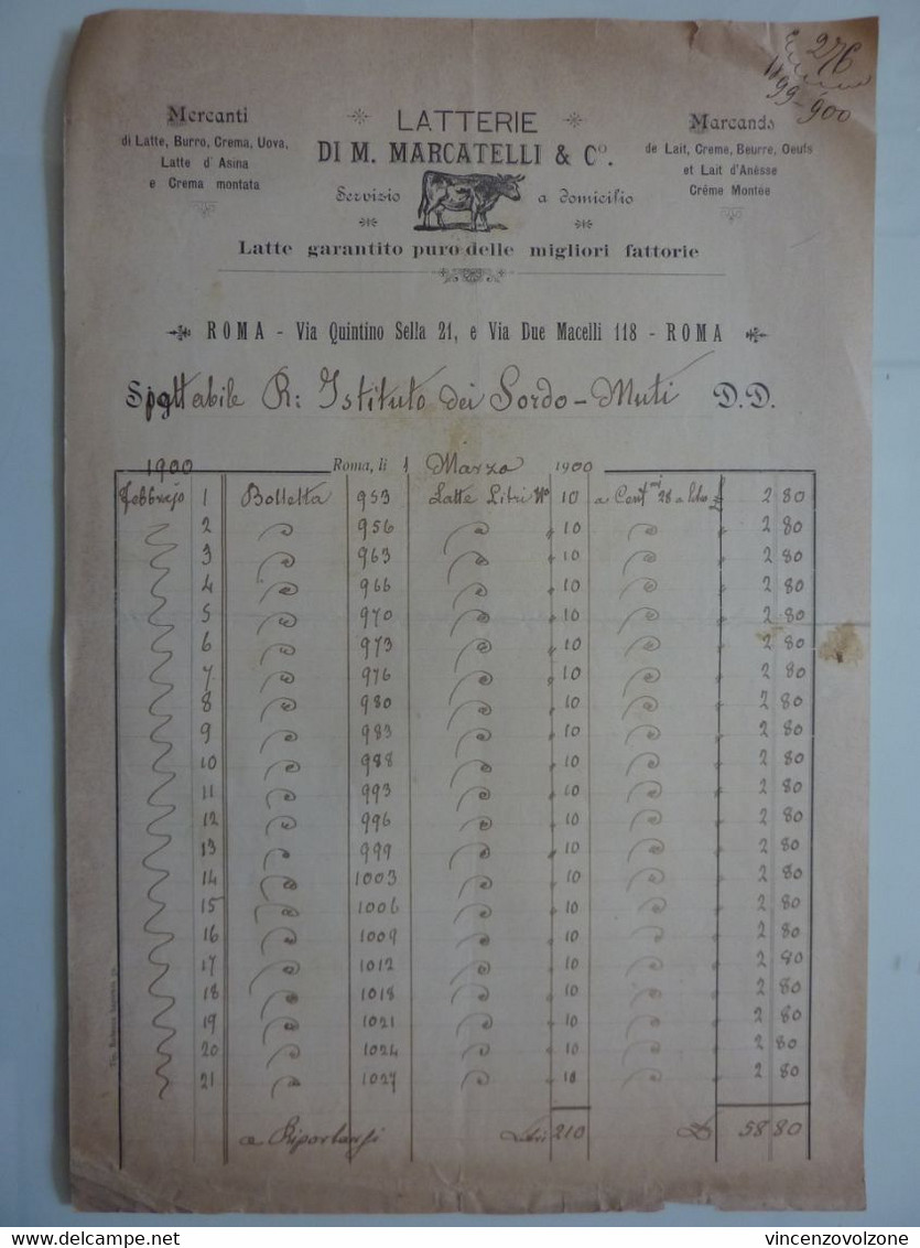 Fattura "LATTERIE DI M. MARCATELLI & C.° Latte Garantito Delle Migliori Fattorie ROMA" 1900 - Italia