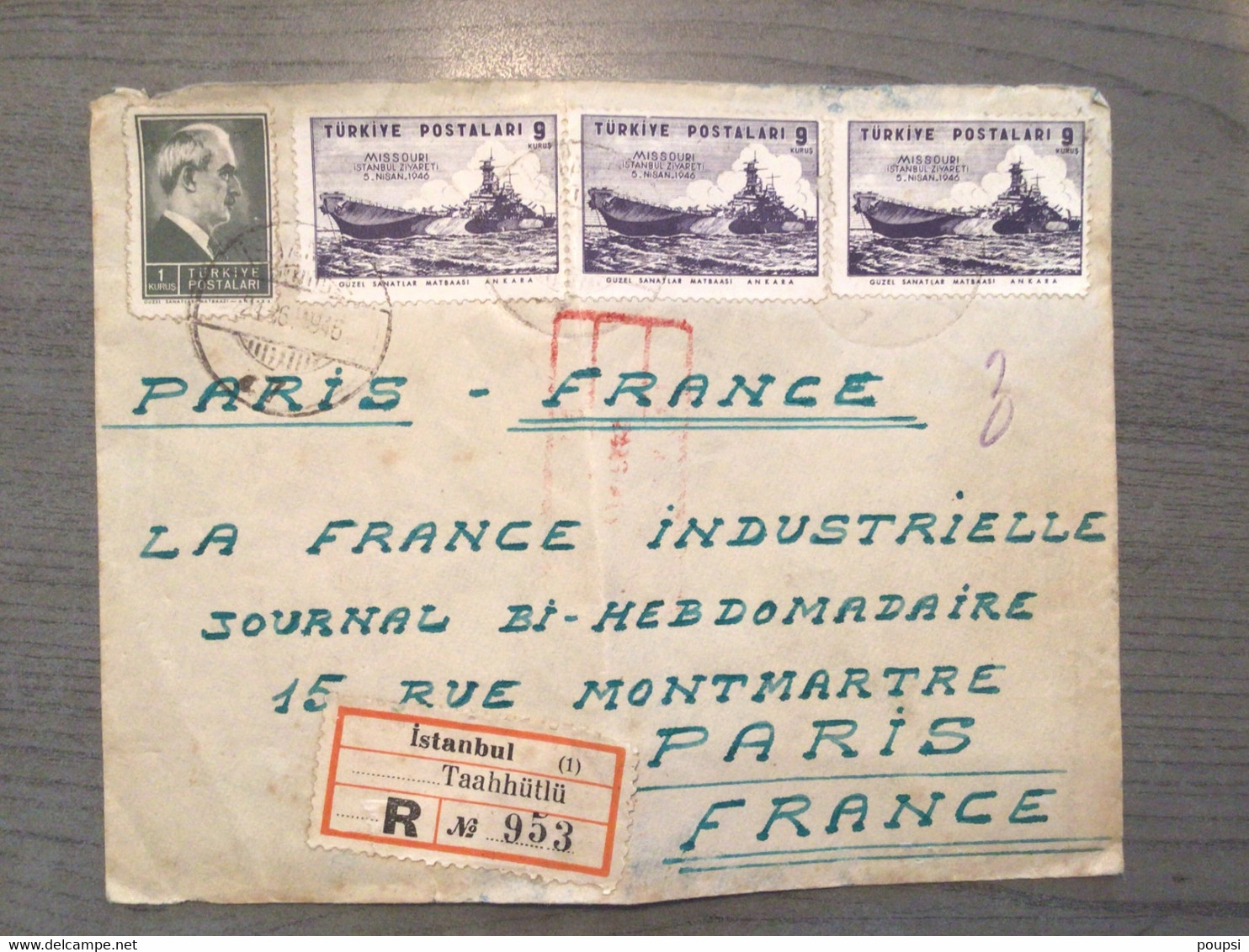 Lettre Recommandée ISTAMBUL à PARIS 1946 - Storia Postale