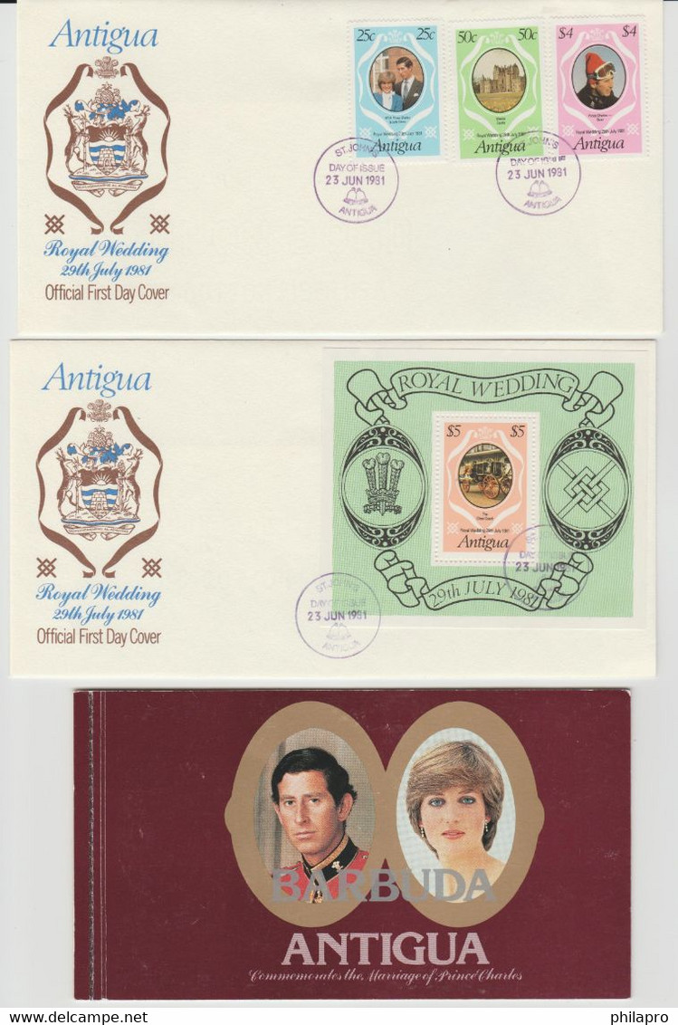 ANTIGUA  Lot  4  FDC Diff  + ( 12  "BEND & PEEL" IMPERF In 1 BOOKLET) ROYAL  WEDDING 1981 CHARLES + DIANA  Réf  639 T - Other & Unclassified