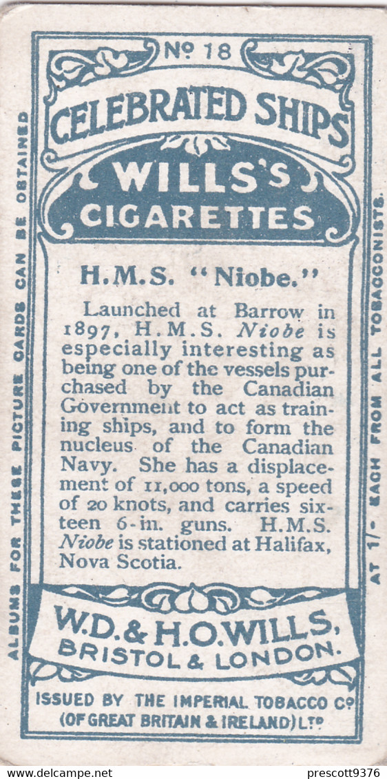 Celebrated Ships 1911 - Wills Cigarette Card - Celebrated Ships - 18 HMS Niobe, Canada - Wills