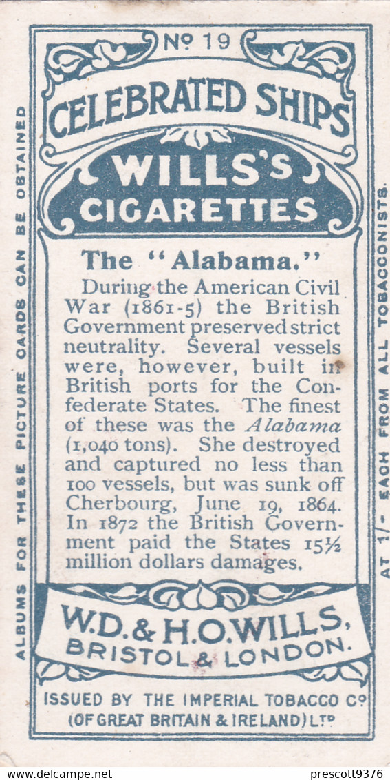 Celebrated Ships 1911 - Wills Cigarette Card - Celebrated Ships - 19 The Alabama, Confederate States - Wills