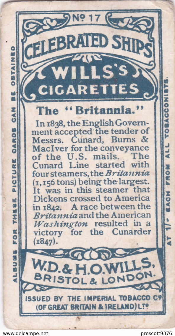 Celebrated Ships 1911 - Wills Cigarette Card - Celebrated Ships - 17 The Britannia, Cunard - Wills