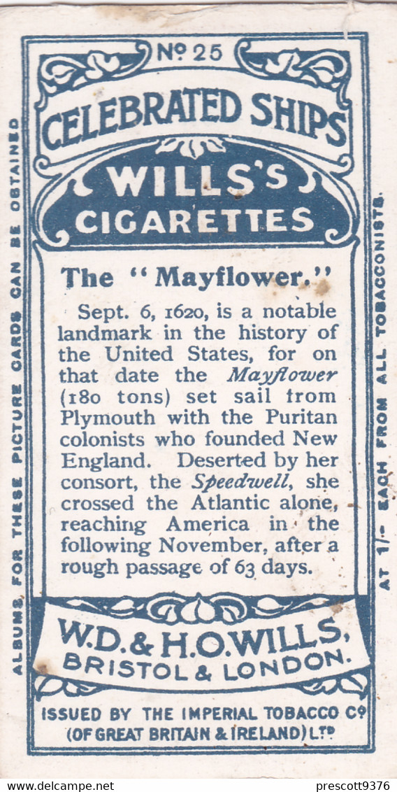 Celebrated Ships 1911 - Wills Cigarette Card - Celebrated Ships - 25 The Mayflower - Wills