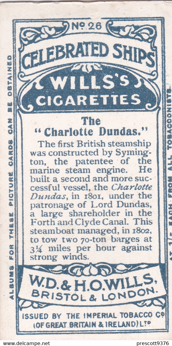 Celebrated Ships 1911 - Wills Cigarette Card - Celebrated Ships - 26 Ist Steamship, Charlotte Dundas - Wills