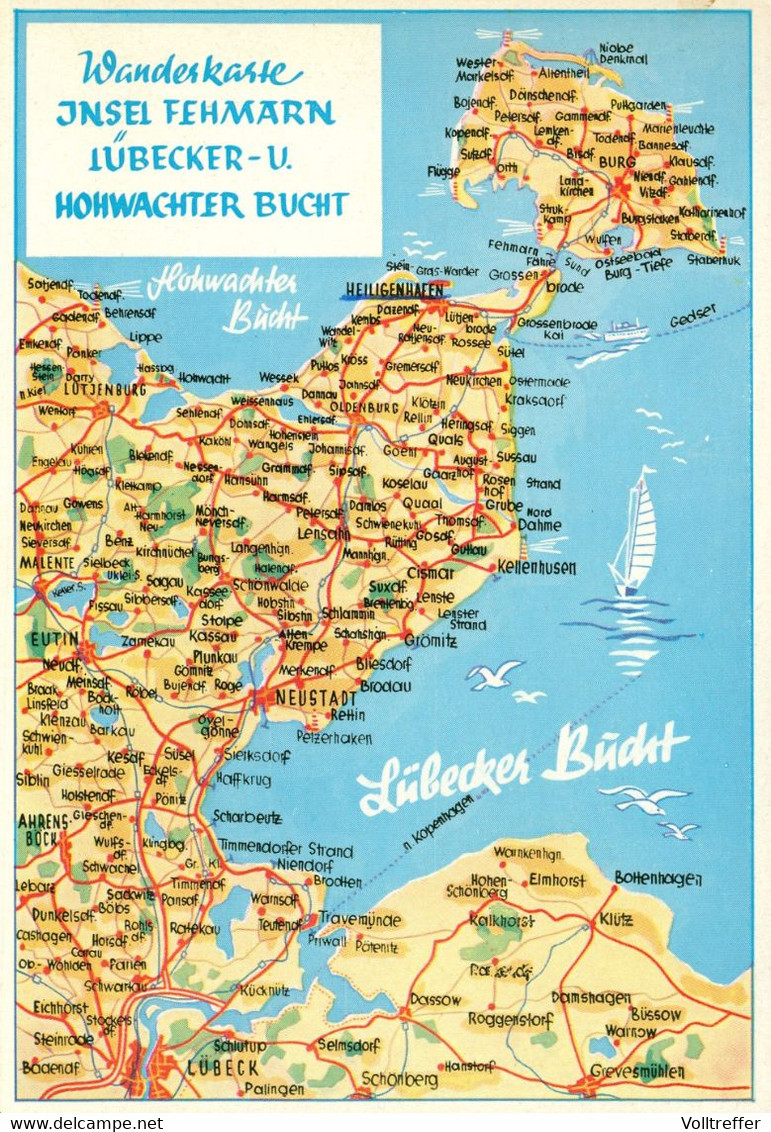 Orig. BRD AK Um 1950 Wanderkarte Insel Fehmarn Lübecker- Und Hohwachter Bucht - Fehmarn