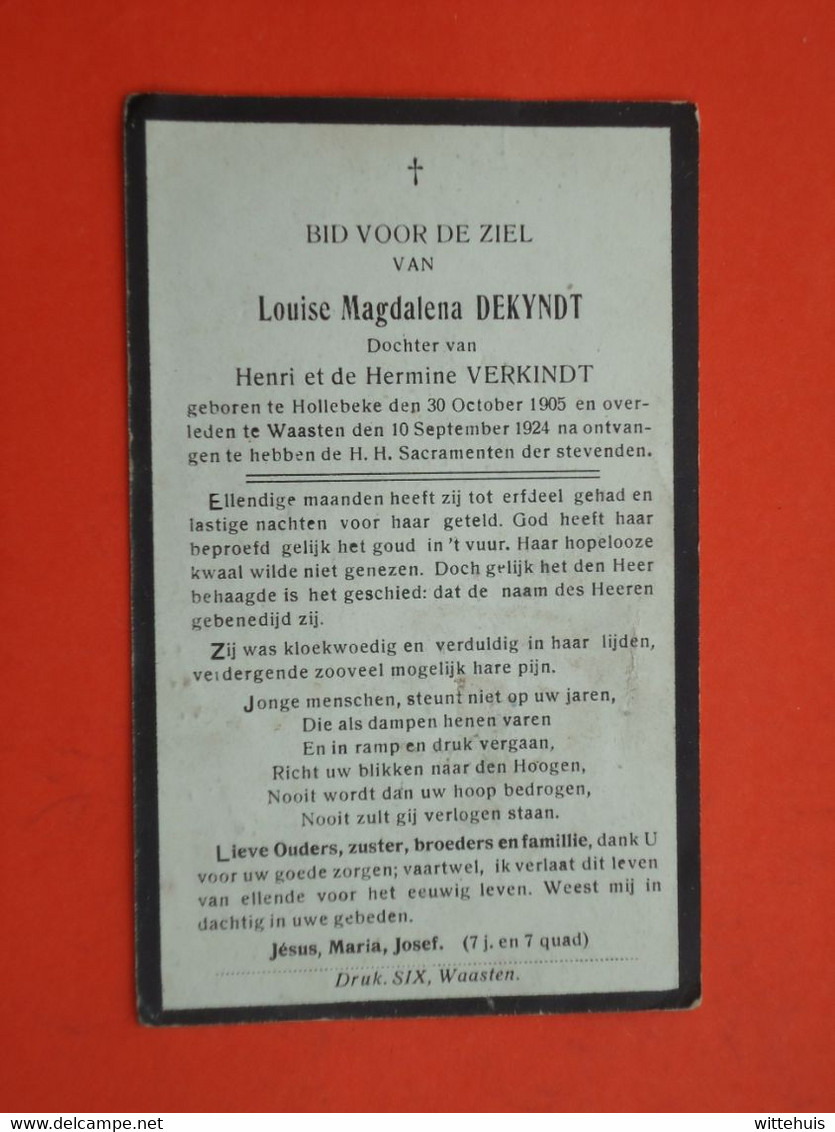 Louis Dekyndt Dochter Van Verkindt Geboren Te Hollebeke 1905 Overleden Te Waasten  1924 (2scans) - Religion & Esotericism