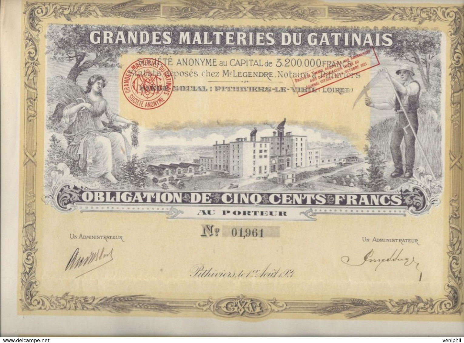 TRES BELLE OBLIGATION ILLUSTREE DE  500 FRS - GRANDES MALTERIES DU GATINAIS - -ANNEE 1921 - Agricultura