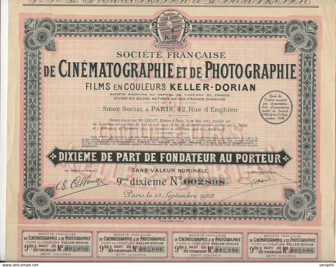 SOCIETE FRANCAISE DE CINEMATOGRAPHIE  ET DE PHOTOGRAPHIE  KELLER DORIAN - DIXIEME DE PART FONDATEUR - 1928 - Film En Theater