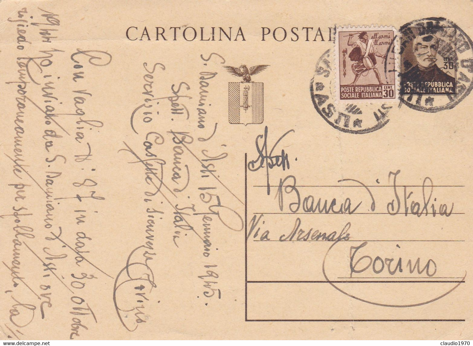 REPUBBLICA SOCIALE -S. DOMENICO D'ASTI- ITALIA - CARTOLINA POSTALE C. 30  + C. 30- GIUSEPPE MAZZINI - VG. PER TORINO - Stamped Stationery