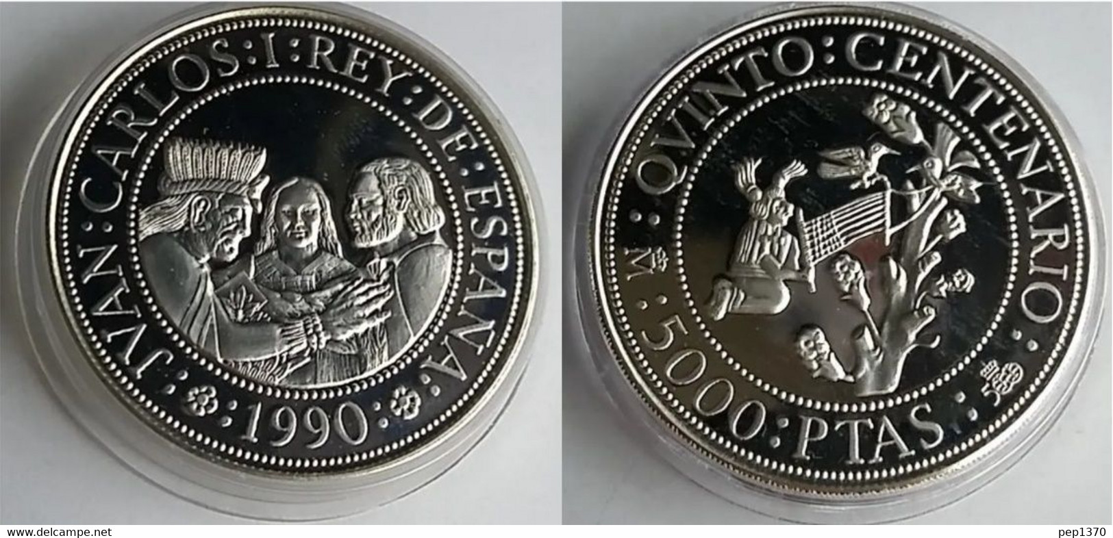 ESPAÑA 1990 - 5000 PESETAS DE PLATA - 5º CENTENARIO - SERIE II - ESTUCHE ORIGINAL CON CERTIFICADO - 5 000 Pesetas