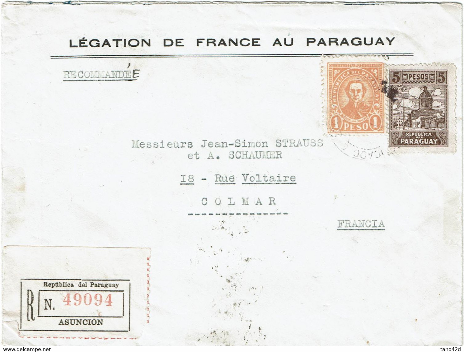 CTN74 - PARAGUAY LEGATION DE FRANCE LETTRE RECOMMANDEE ASUNCION / COLMAR - Paraguay