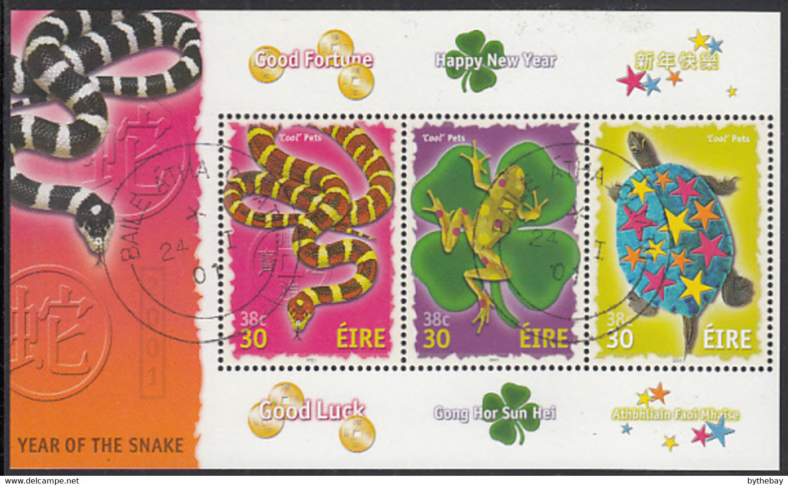 Ireland 2001 Used Sc #1280 Sheet Of 3 30p Pets Year Of The Snake - Usati