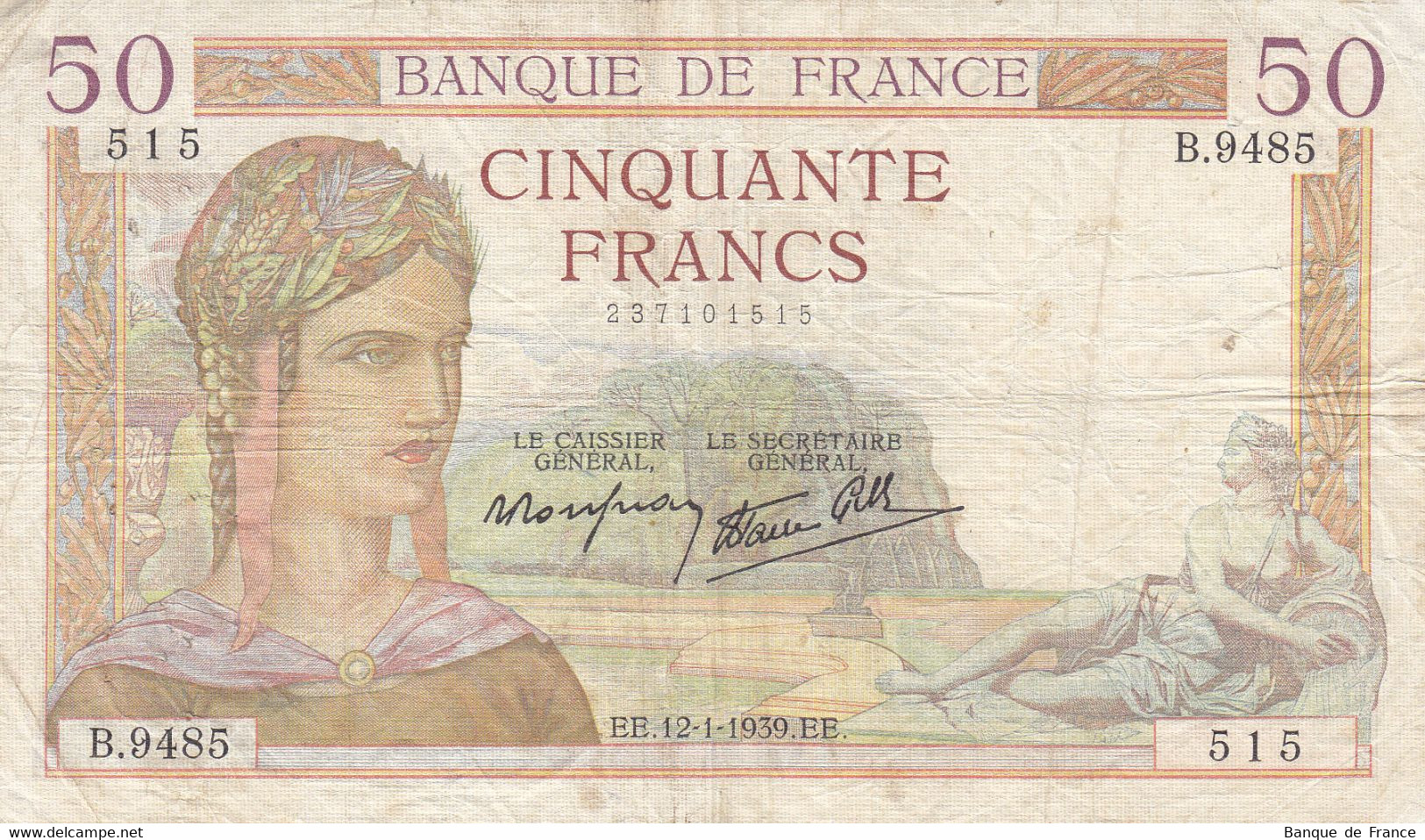 Billet 50 F Cérès Du 12-1-1939 FAY 18.20 Alph. B.9485 - Date Peu Courante - 50 F 1934-1940 ''Cérès''