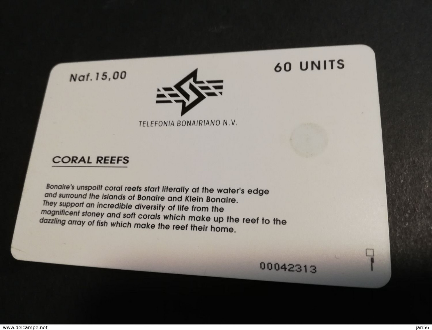 BONAIRE  CHIPCARD Naf 15,00 60units  CORAL REEFS   **6169** - Antilles (Neérlandaises)