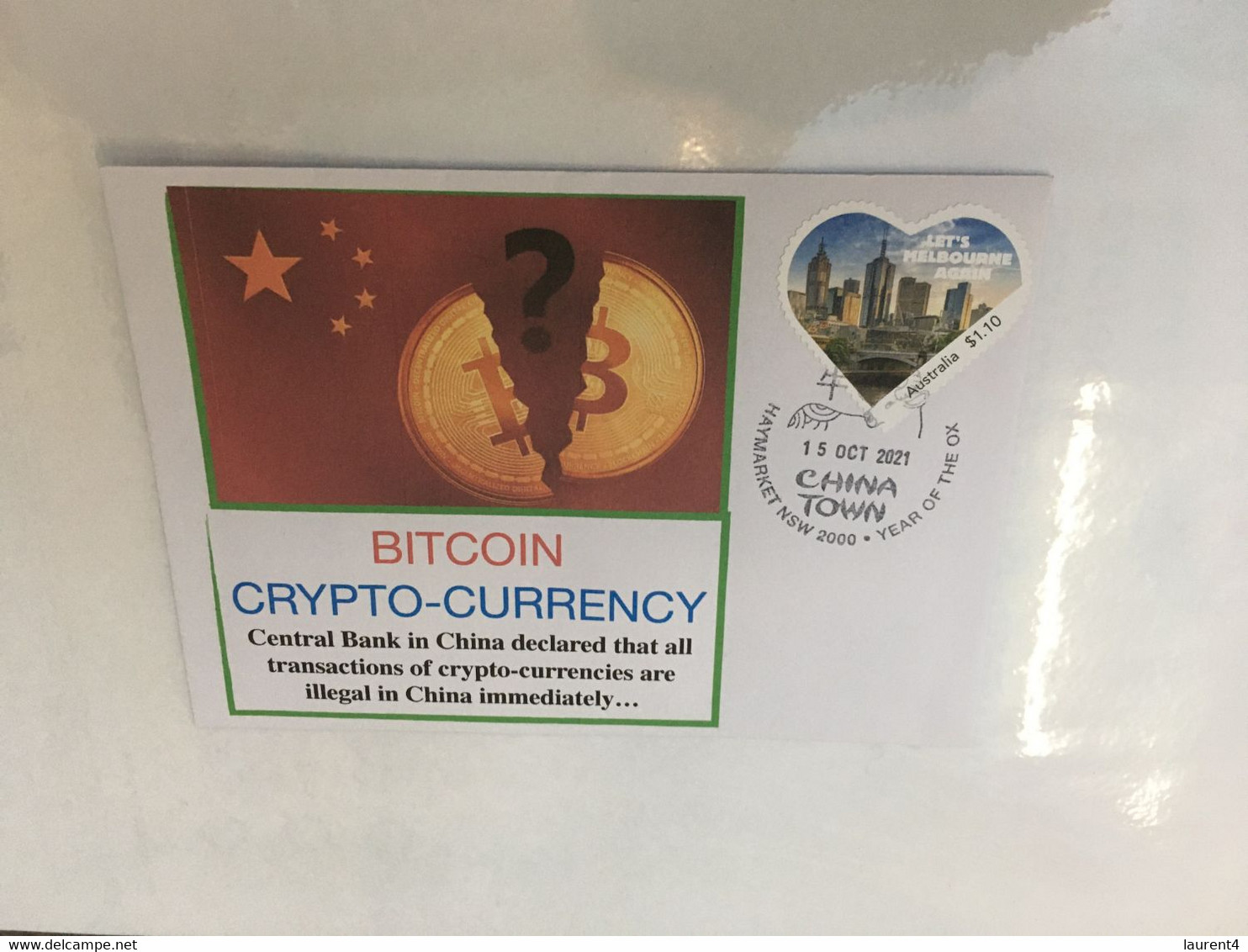 (5 A 34) China Officialy Banned Crytocurrency BITCOIN - Postmarked 15-10-2021 - COVID-19 Heart Shape Stamp - Other & Unclassified