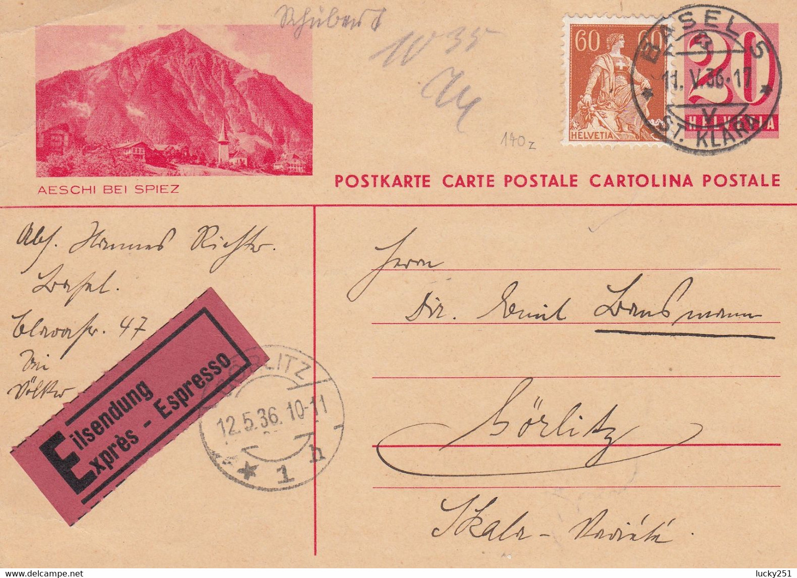 Suisse - Entiers Postaux - Carte Illustrée Aeschi Bei Spiez -  De Basel à Börlitz - 11/05/1936 - Stamped Stationery